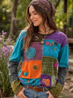 Shop Therapy Patchwork Embroidered Boho Top Hippie Art Tee Colorful Cottagecore
